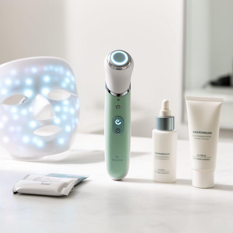 Moderne Hautpflegegeräte mit LED-Maske, Mikrostrom-Tool und sauberen Pflegeaccessoires auf einem hellen Tisch