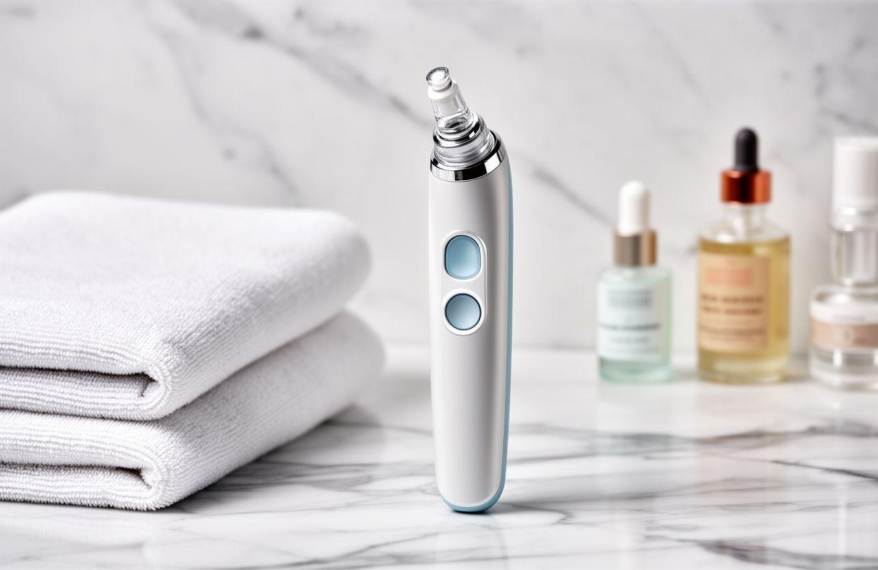 Handheld skincare device on a marble counter beside folded towels and glass serum bottles